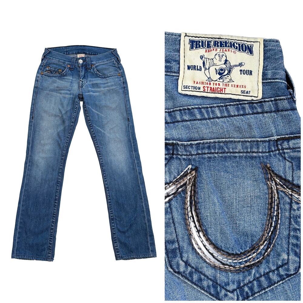Y2K True Religion Low Rise Straight Jeans Womens Size 28 Embroidered Pockets USA